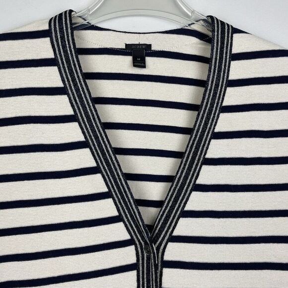 J Crew V-neck Varsity Sweater Cardigan Women's Med Navy White Stripe Nautical - Picture 4 of 12